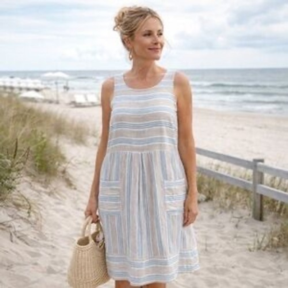 J.Jill Linen Blue and Brown Stripe Mini Dress Size Petite Large Coastal/Vacation